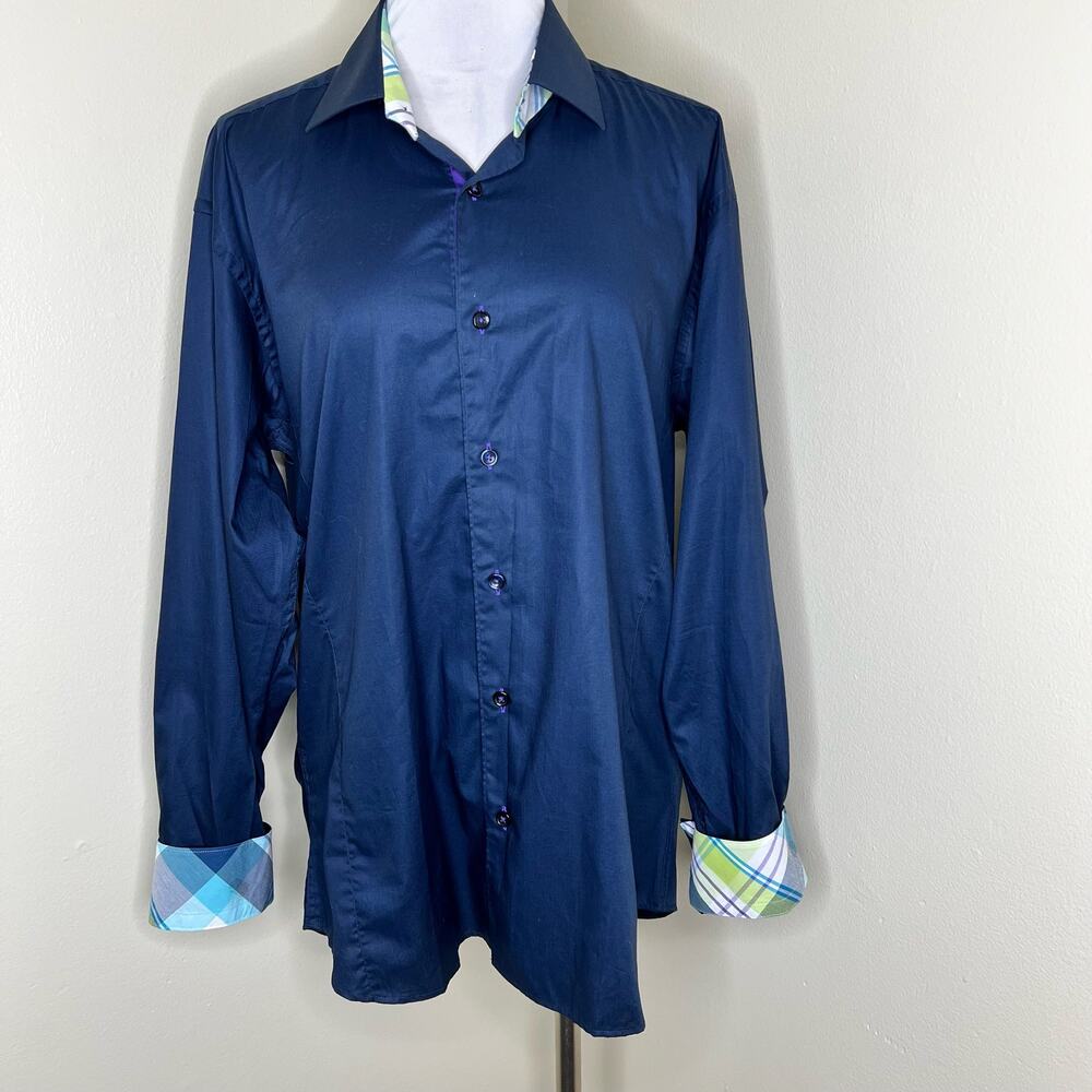 Bertigo Button Up Dress Shirt XL Mens Navy Flip Cuff Long Sleeve Plaid Cotton